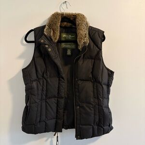 Eddie Bauer Women's Dark Gray Puffer Vest with Faux Fur Collar